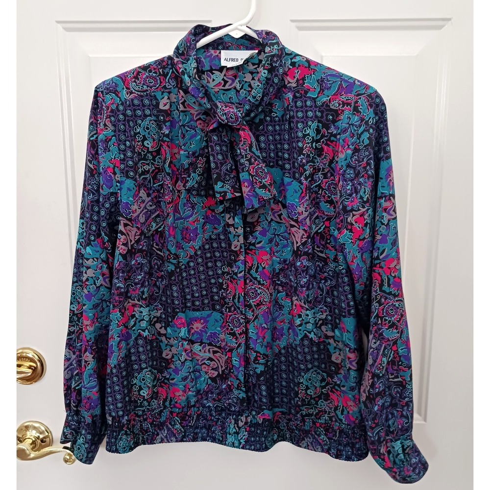Alfred Dunner Vintage Blouse‎ Womens 10 Black Blue Floral Tie Neck Satin Button
